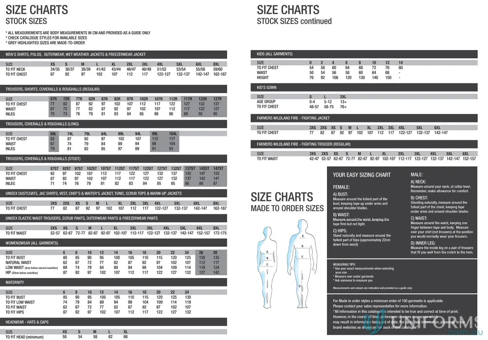 Clothing size chart for Long Length Dust Coat with mandarin collar uniforms