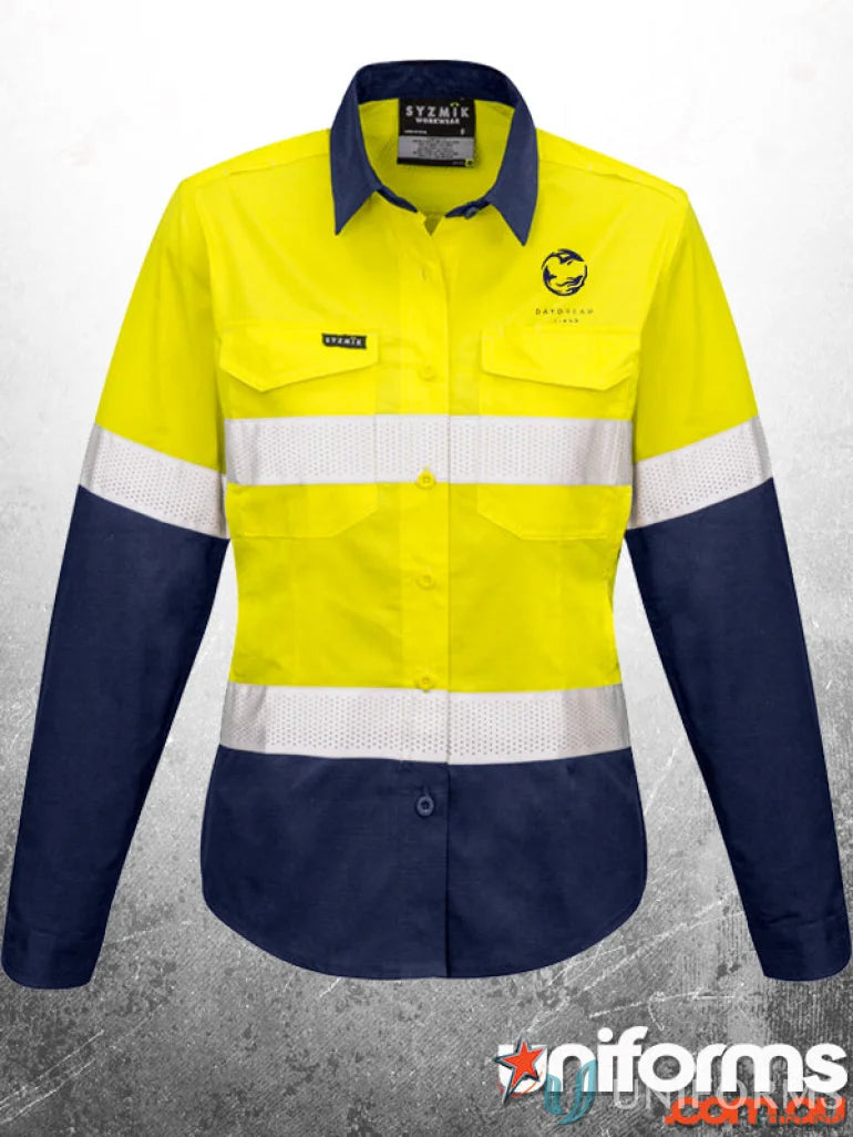 Womens rugged cooling taped hi-vis work shirt for safety and comfort on site