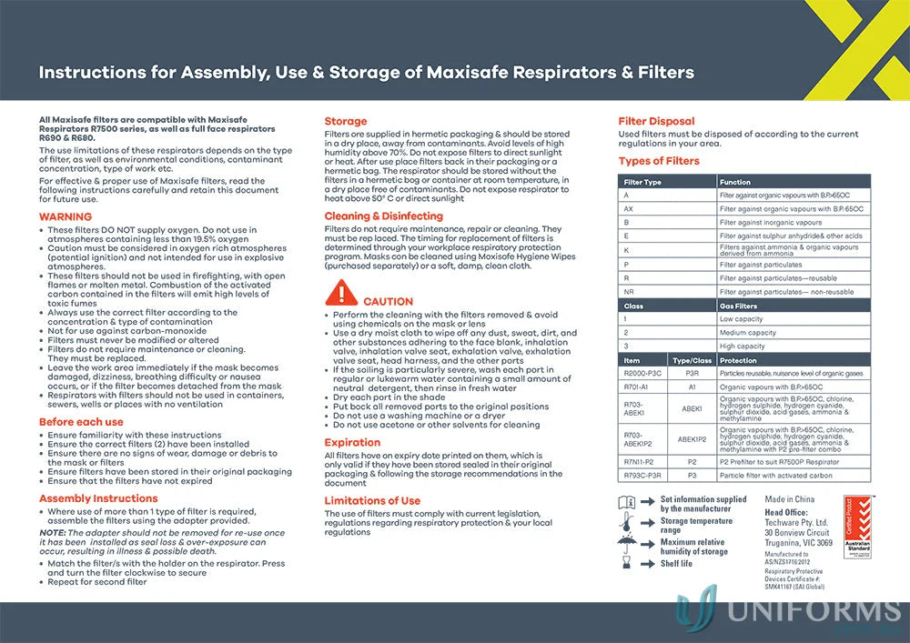 Maxiguard silicone gas filter and respirator instructions for Maxiguard A1 cartridges