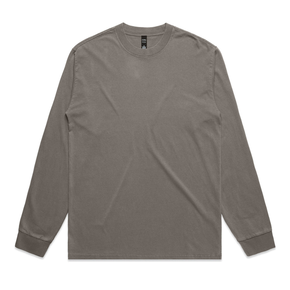Charcoal gray long-sleeved t-shirt with ribbed cuffs and hem, featuring a simple crew neck design.