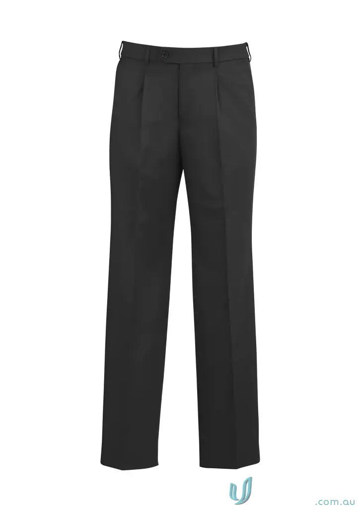 Black pleated dress pants with a comfy stretch fit, perfect for uniforms or work