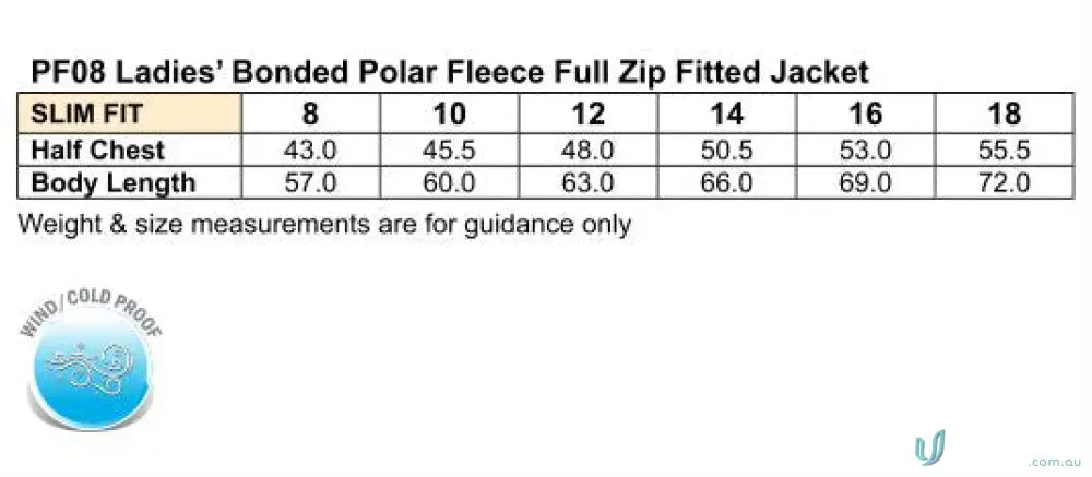 Ladies fleece jacket size chart for work uniforms and workwear at Mildura Central