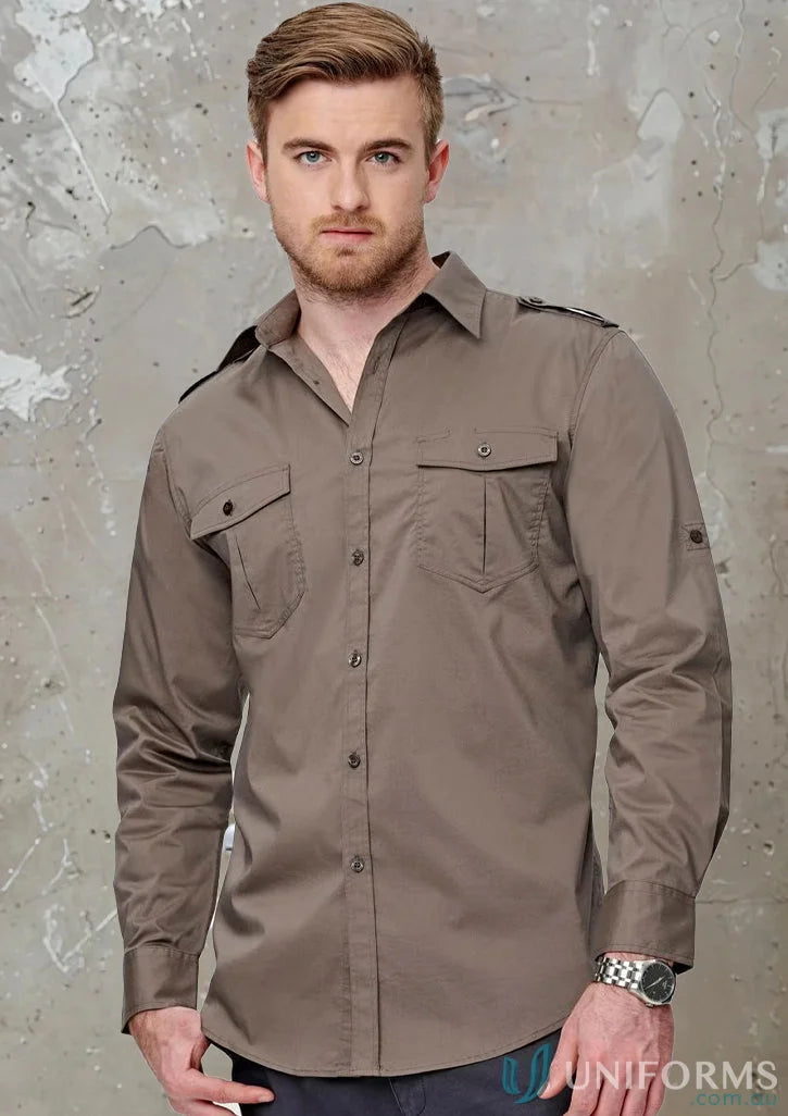 Brown long-sleeved button-down shirt from Benchmark LS Military M7912 Mens Long Sleeve Military Shirt