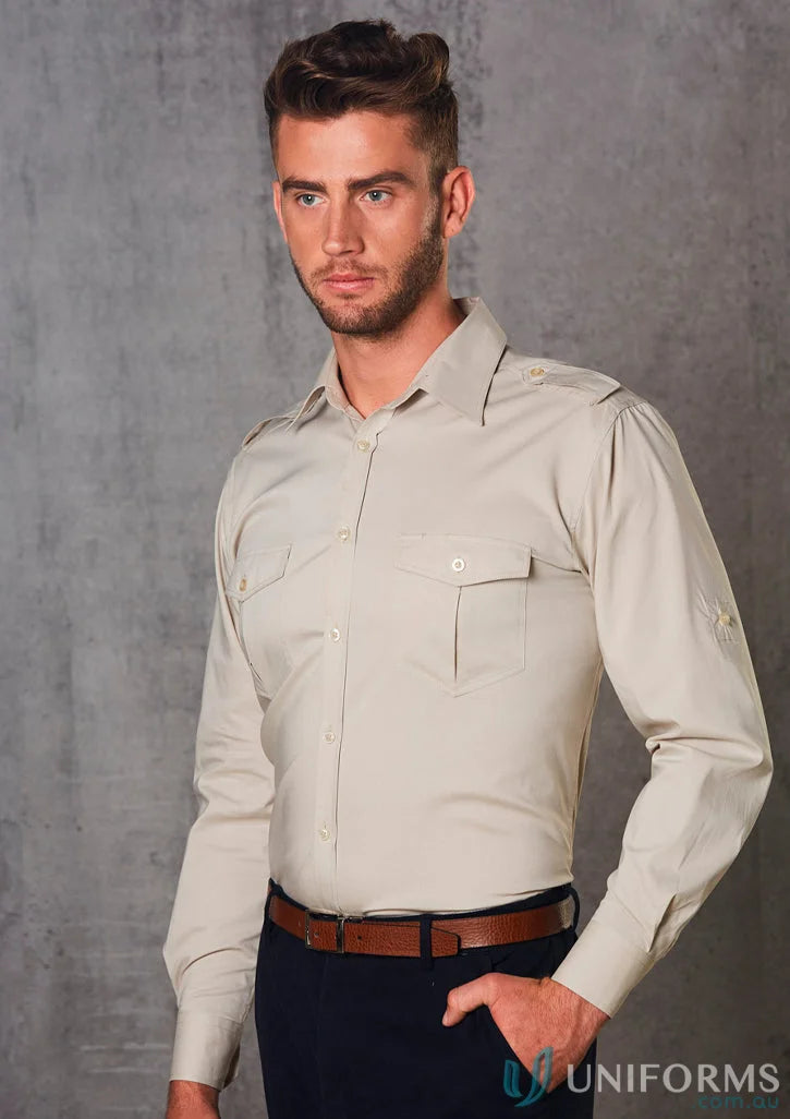 Man in beige benchmark LS military sleeve military shirt showing off M7912 Mens Long style