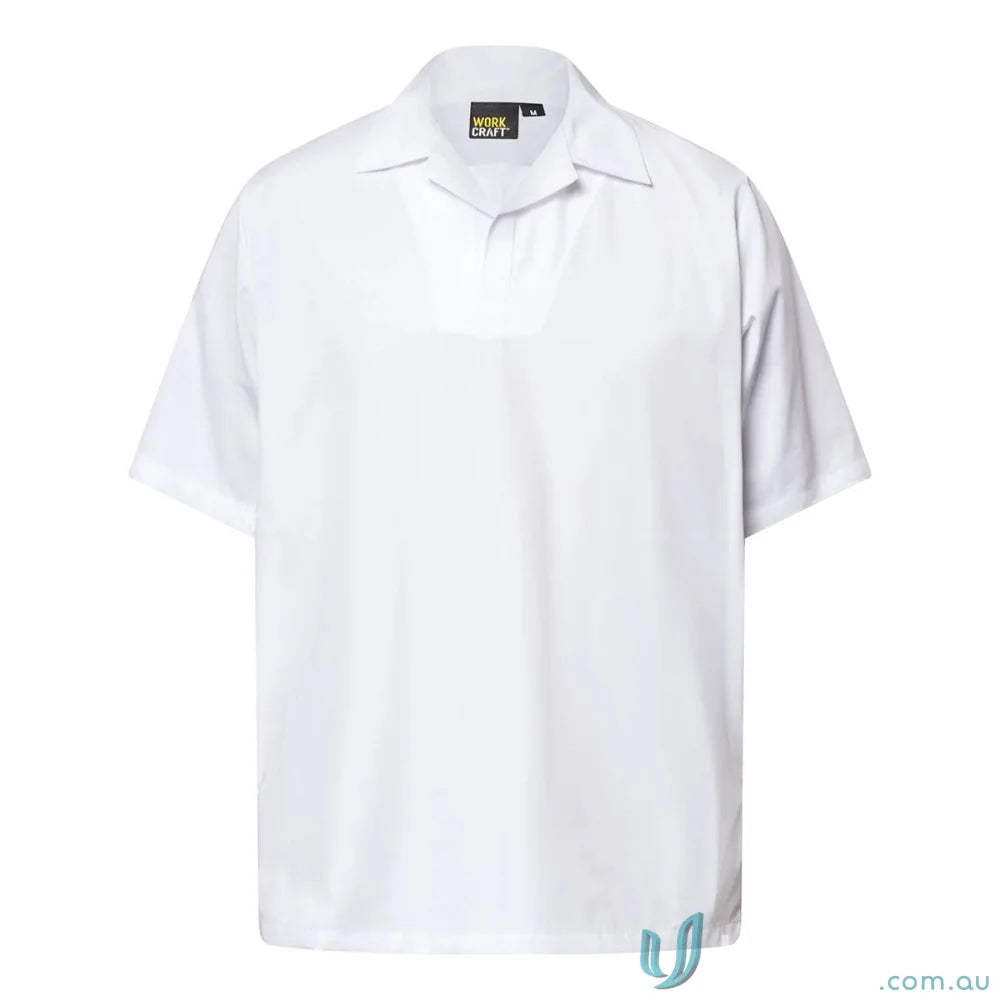White short-sleeved polo shirt from Modesty Insert Jac for food industry gear or laundry