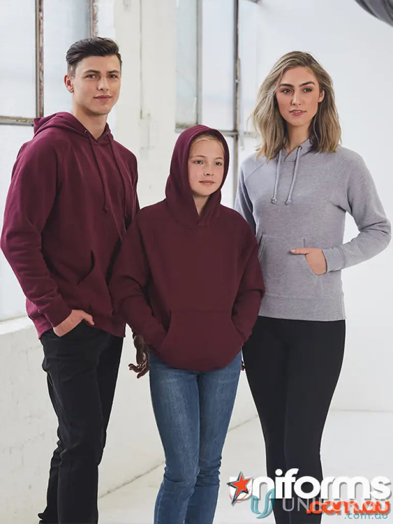 Three people wearing MOQ100 Printed YOUTH Hoodie for casualwear or uniforms