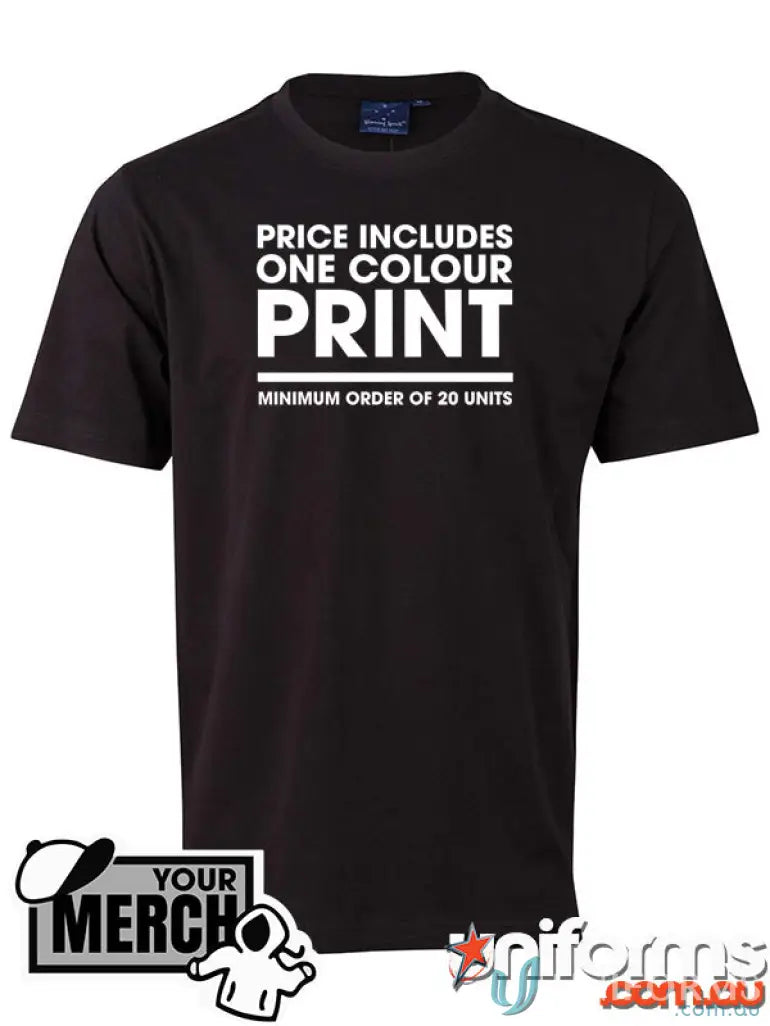 Black MOQ100 Printed YOUTH Tee made from combed cotton, perfect for uniforms or workwear
