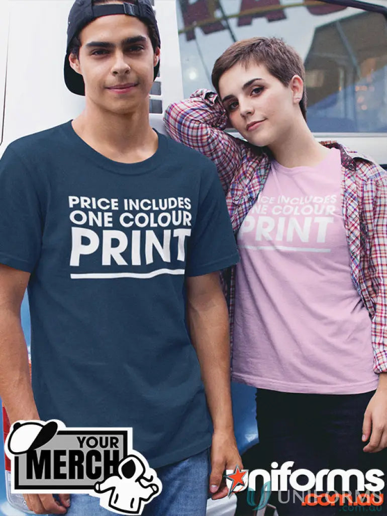 Two people in MOQ100 Printed YOUTH Tee made from combed cotton workwear uniforms