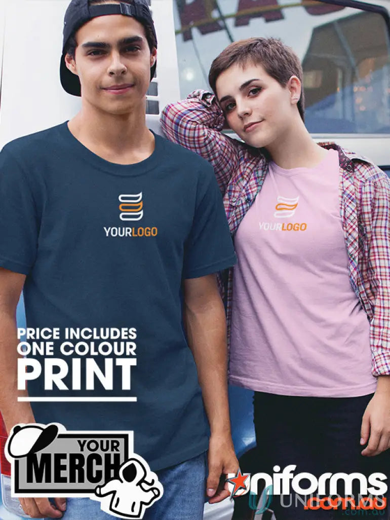 Two people in custom-printed combed cotton T-shirts for uniforms or workwear