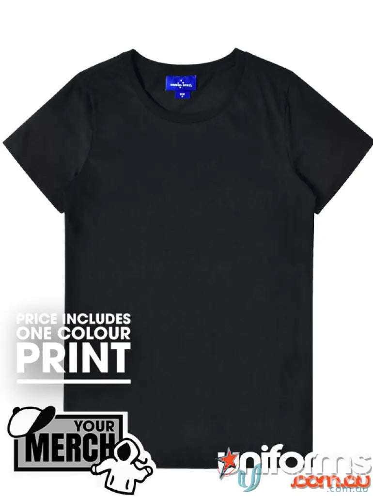 Black crew neck t-shirt from MOQ25 Printed LADIES Tee, perfect for workwear or uniforms