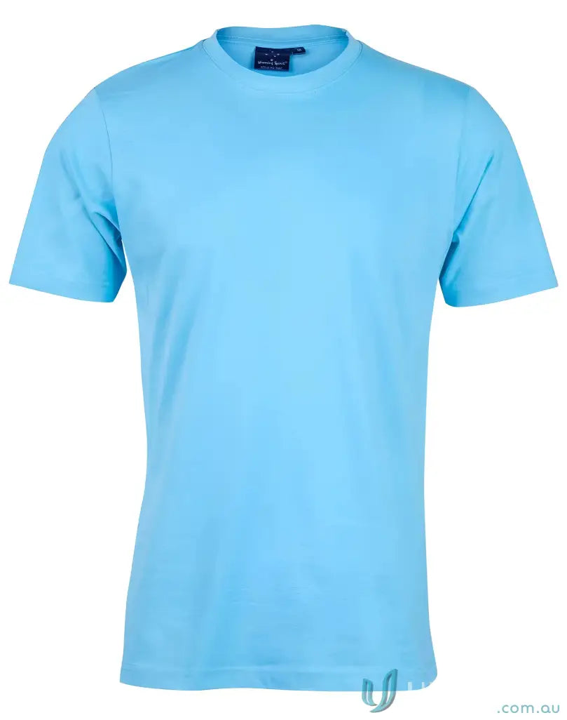 Light blue short-sleeved T-shirt from MOQ25 Printed YOUTH Tee made of combed cotton for uniforms and workwear