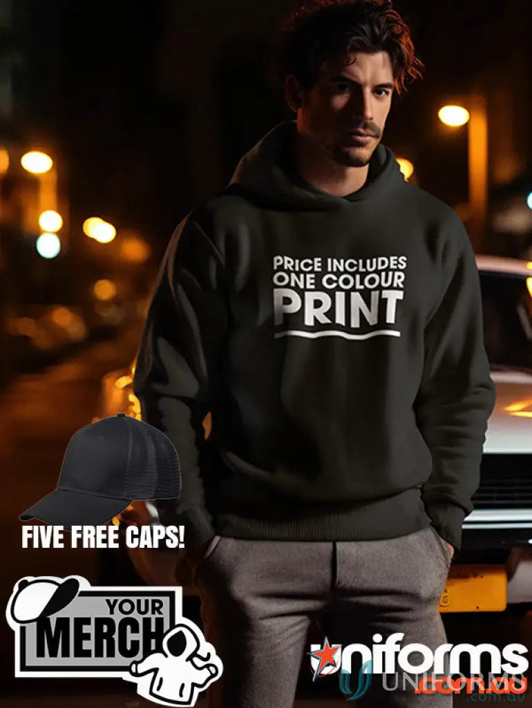Fleecy hoodie with white text from MOQ250 Printed ADULT Hoodie collection, great for workwear or uniforms