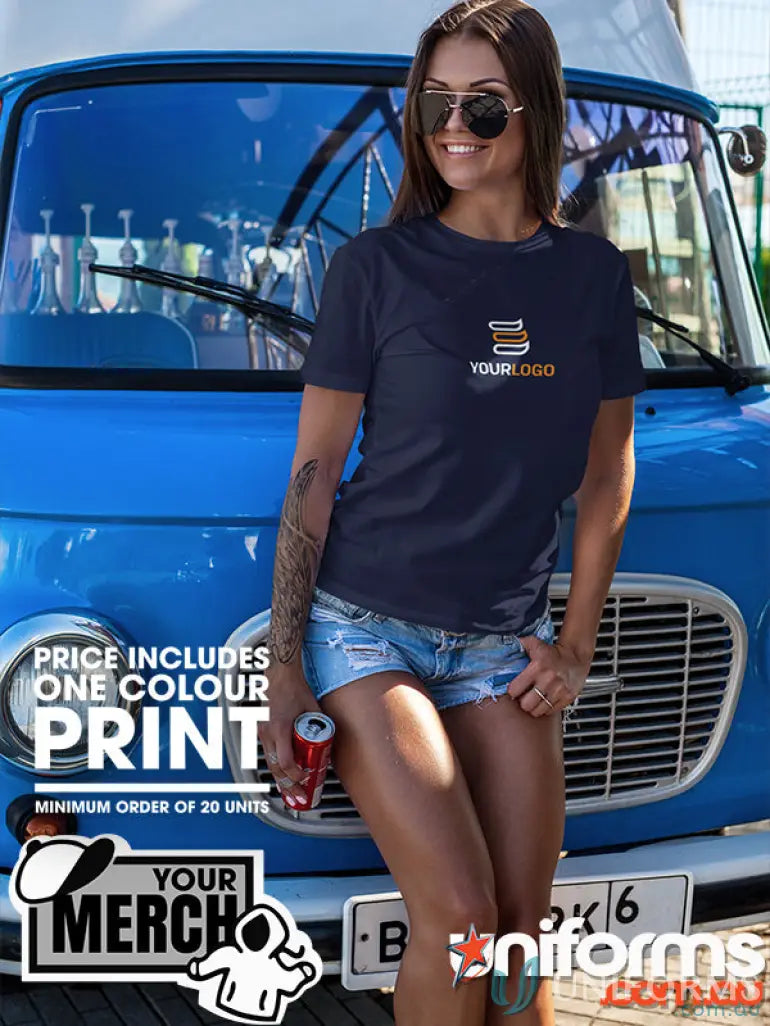 Woman wearing a dark blue MOQ250 Printed LADIES Tee, perfect for workwear or uniforms