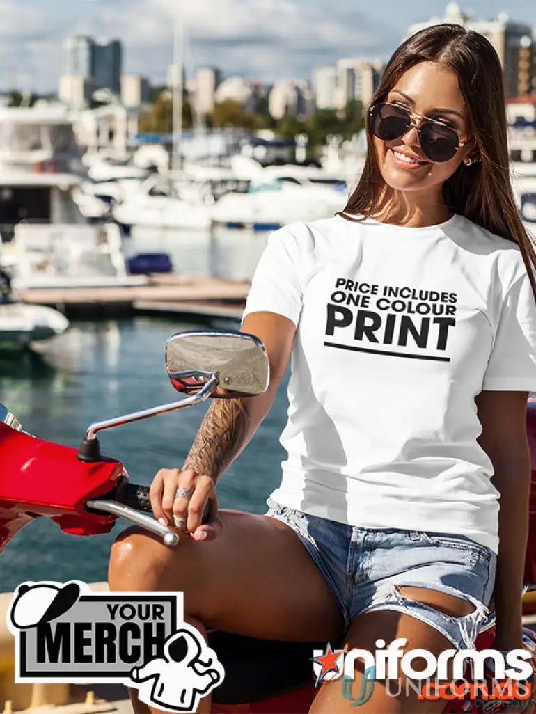 White MOQ50 Printed Ladies Tee, perfect for casual workwear or uniforms