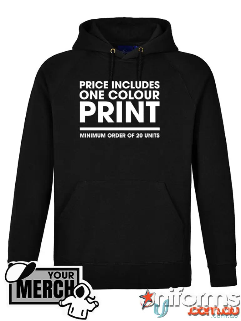 Black fleecy hoodie from MOQ500 Printed ADULT Hoodie, perfect for uniforms or workwear