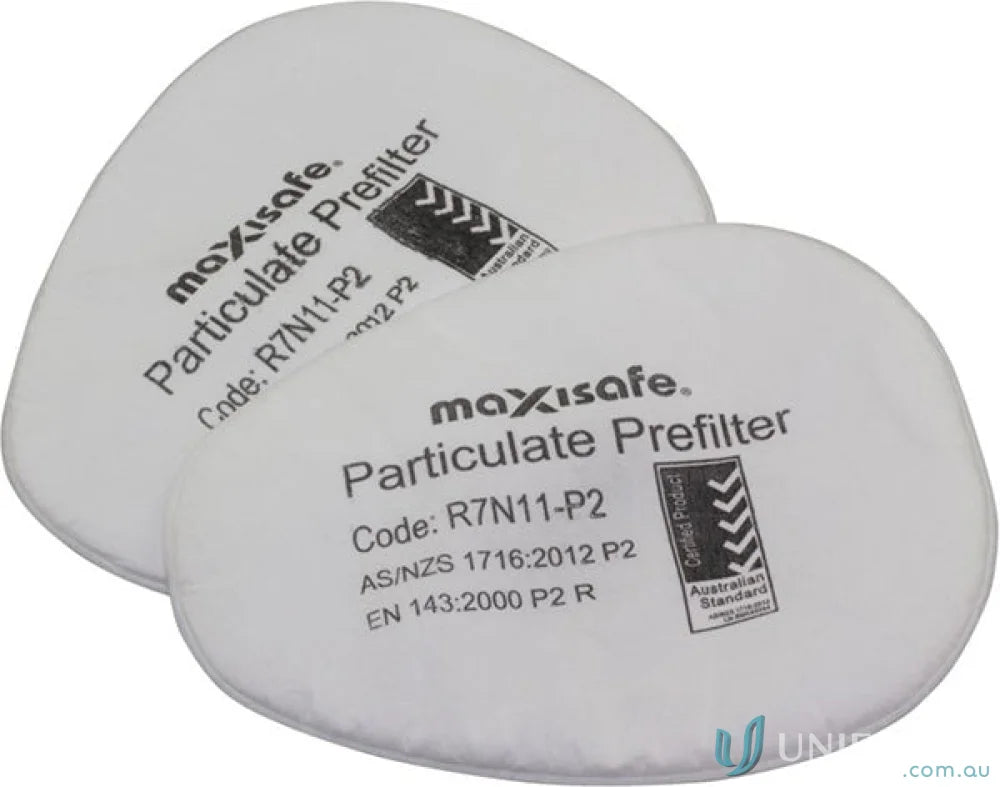 Two white particulate prefilters for Maxiguard Respirators, ideal for main filter in workwear