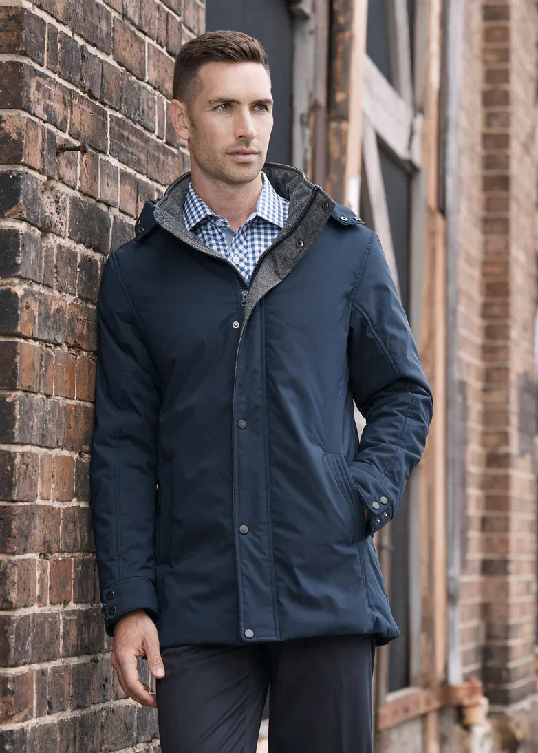 Parklands mens jacket: navy blue hooded style with gray lining, buttons