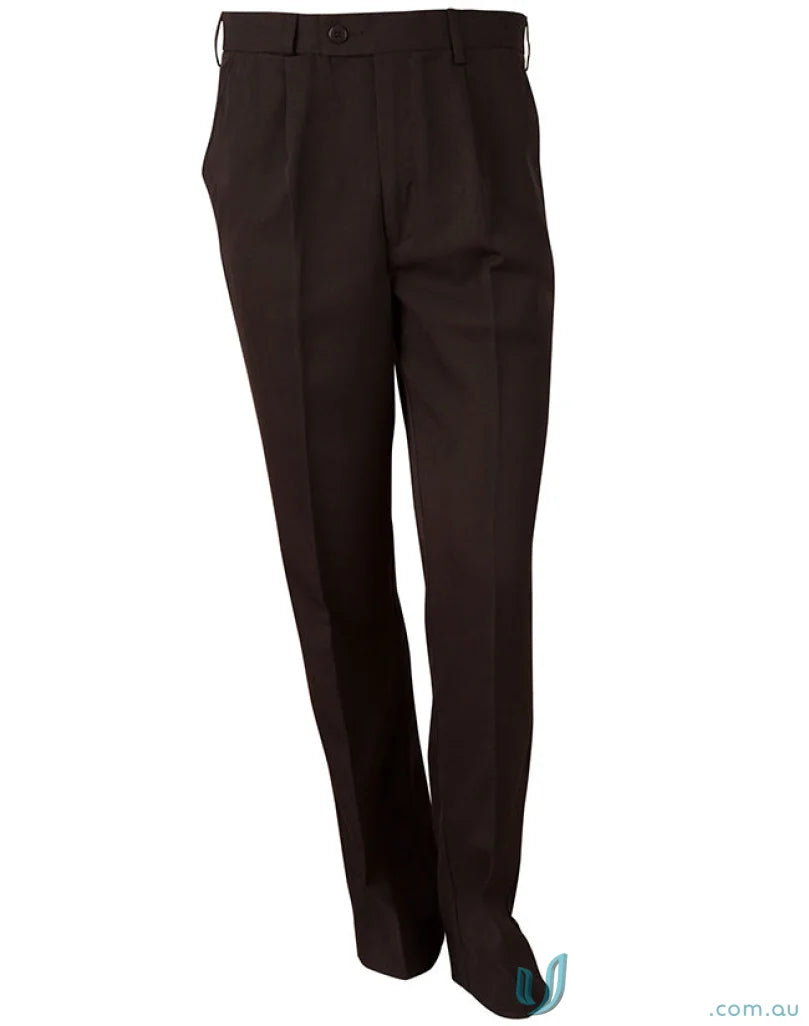 Brown dress pants with wp01 permanent press, stain resistant jet pockets, and angled coin pocket