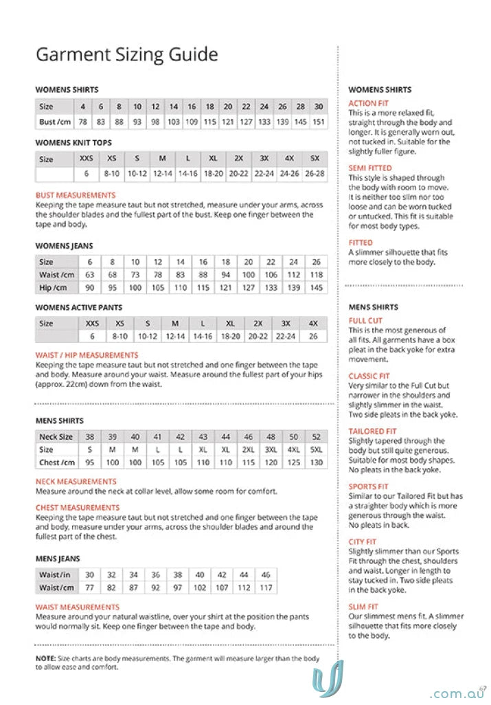 Garment sizing guide for Pippa Check uniforms and workwear with fit details and measurements