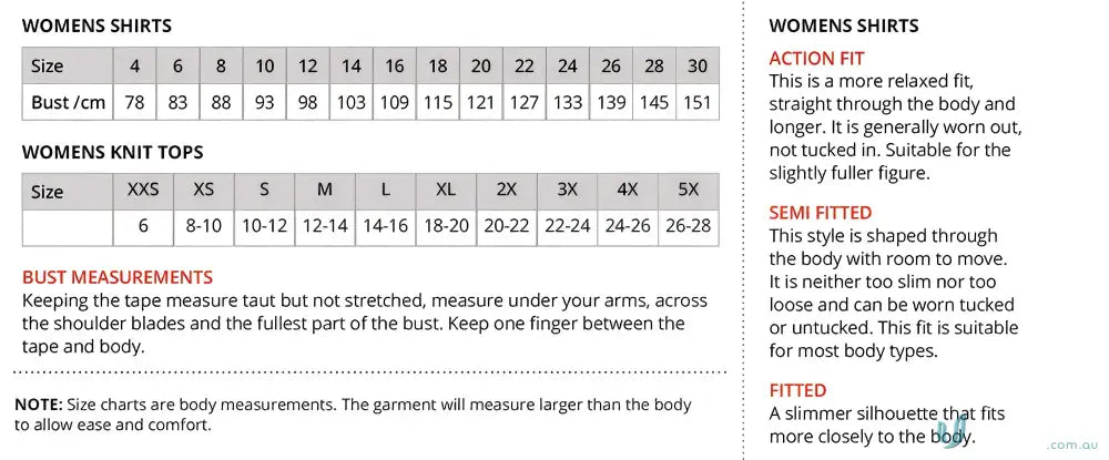 Clothing size charts and fit info for Pippa Ladies 3Qtr Top with luxurious triple twist pippa knit sleeve blouse