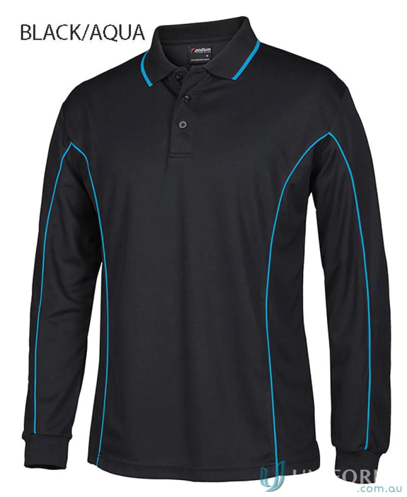 Mens long sleeve polo with aqua blue podium piping and built-in UV protection