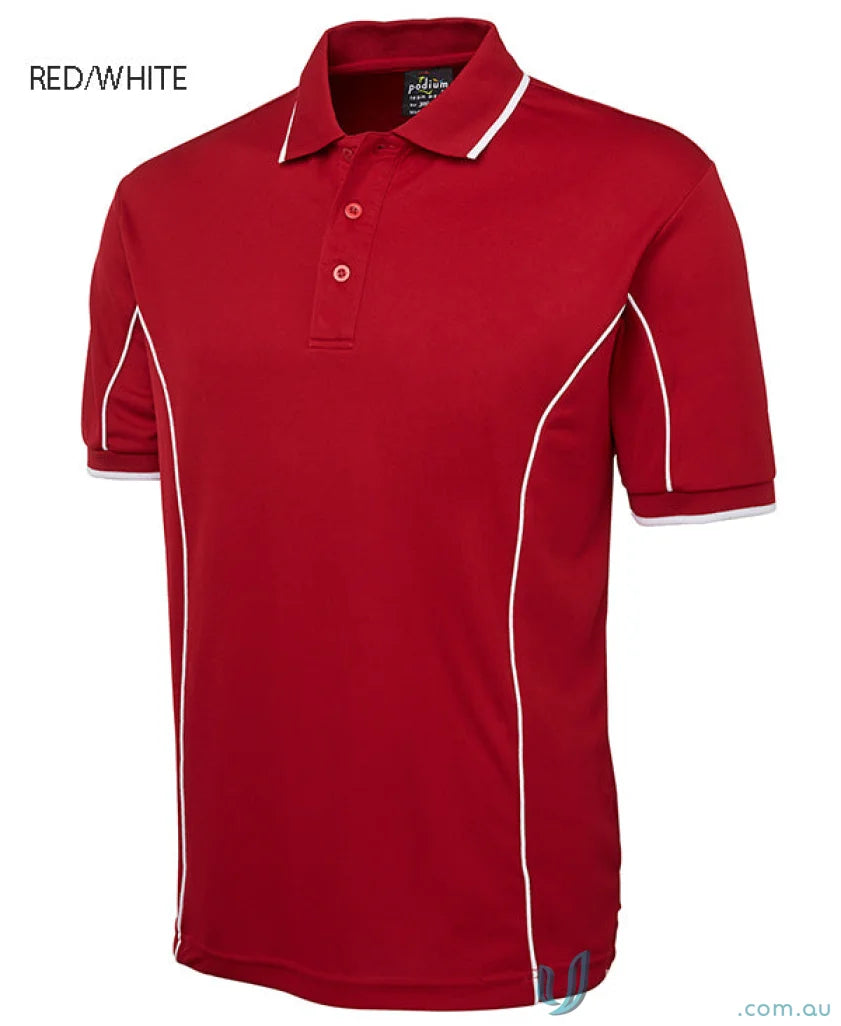 Red and white JBs Podium Piping Polo made with podium cooling fabric