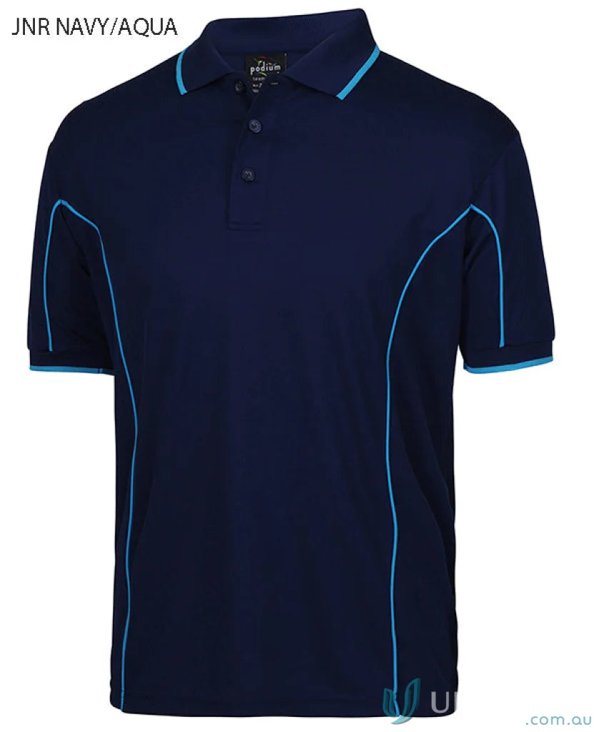Navy and aqua JBs Podium piping short sleeve polo shirt made with podium cooling fabric