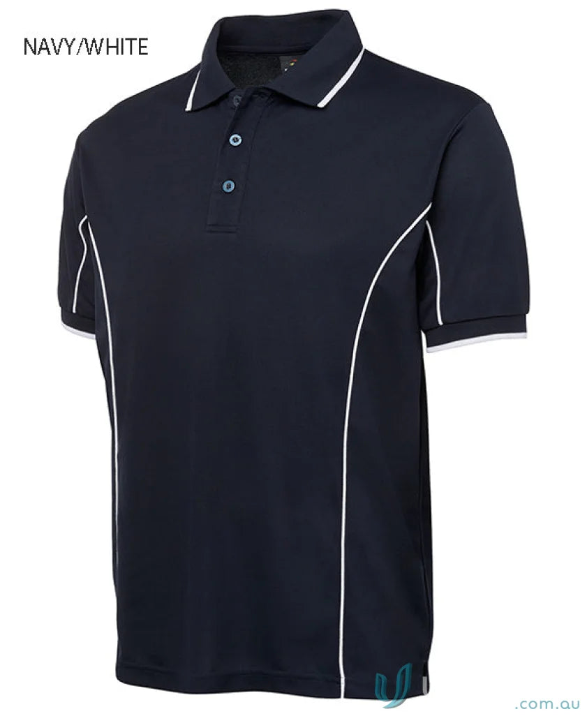 Navy polo shirt with white piping from JBs Podium Piping Short Sleeve Polo collection