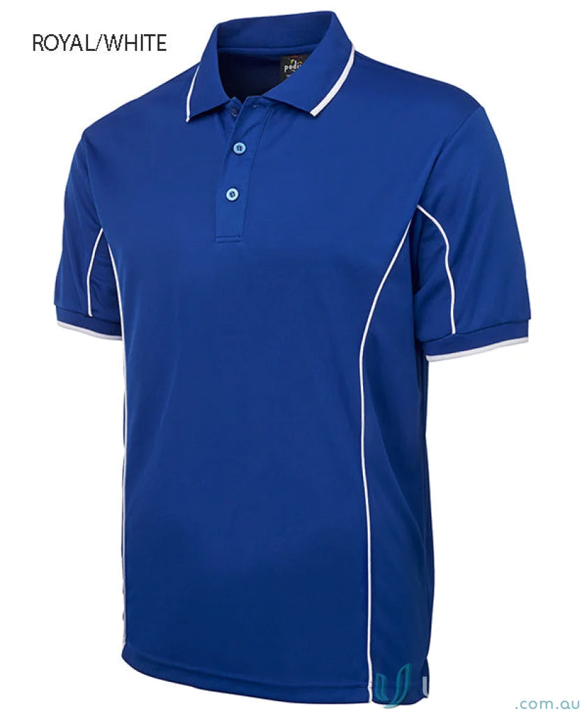 JBs Podium Piping Polo in blue with white trim, made from podium cooling fabric