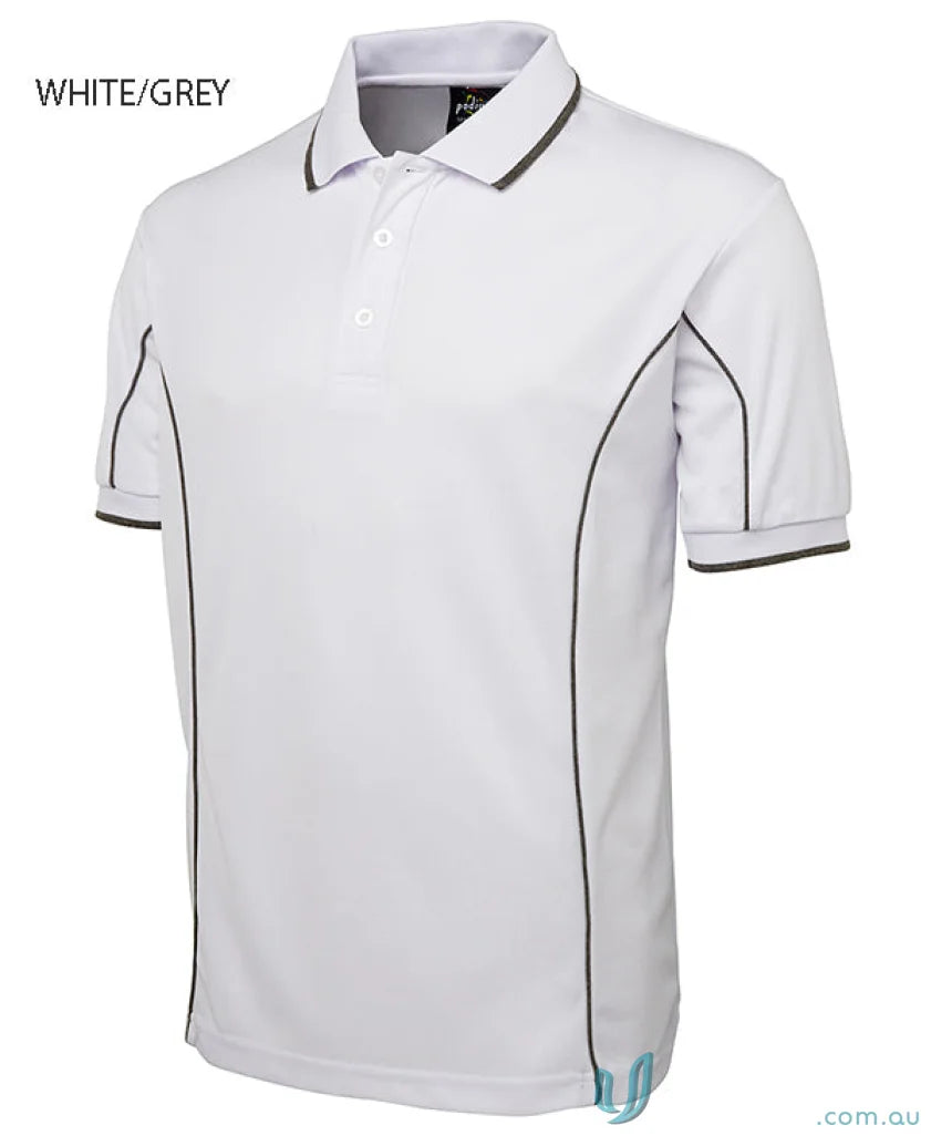 White and gray JBs Podium Piping Polo made with podium cooling fabric, piping short sleeve