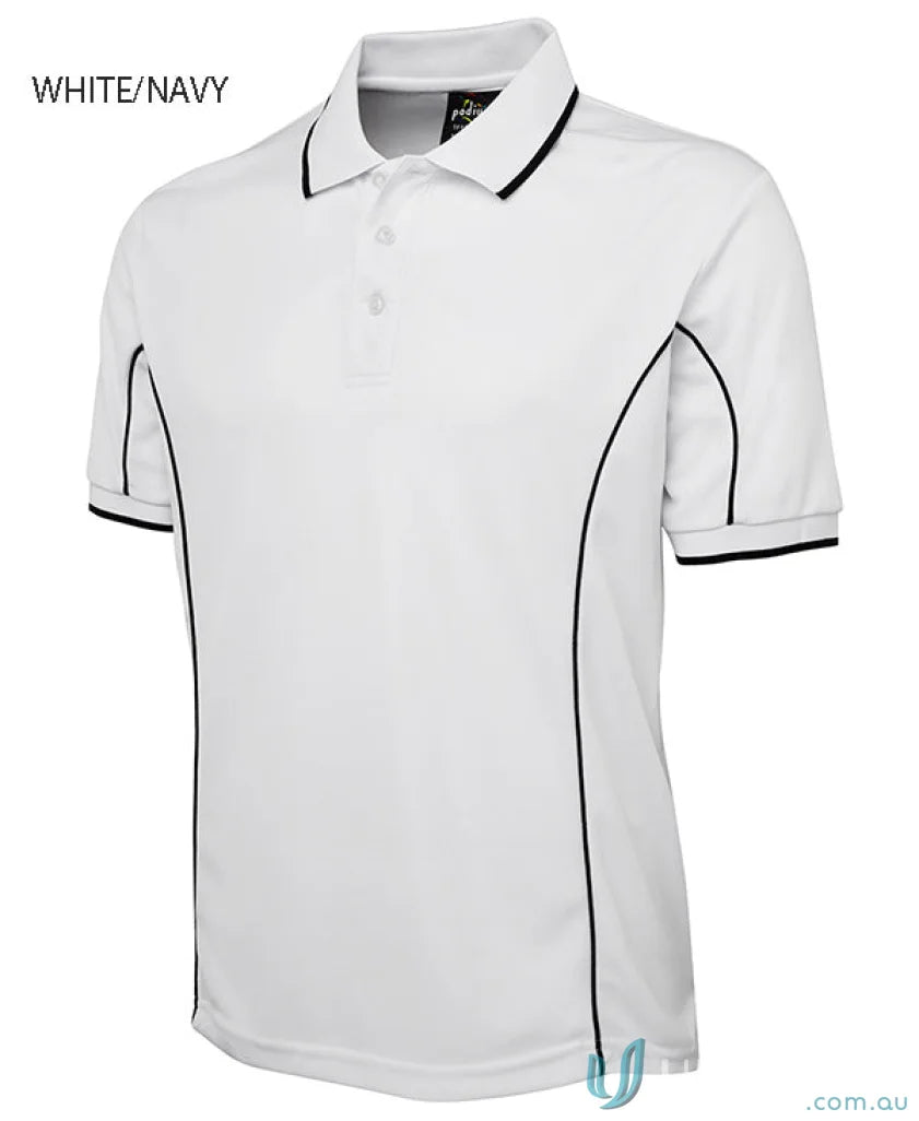White JBs Podium Piping Polo with navy trim and podium cooling fabric short sleeve