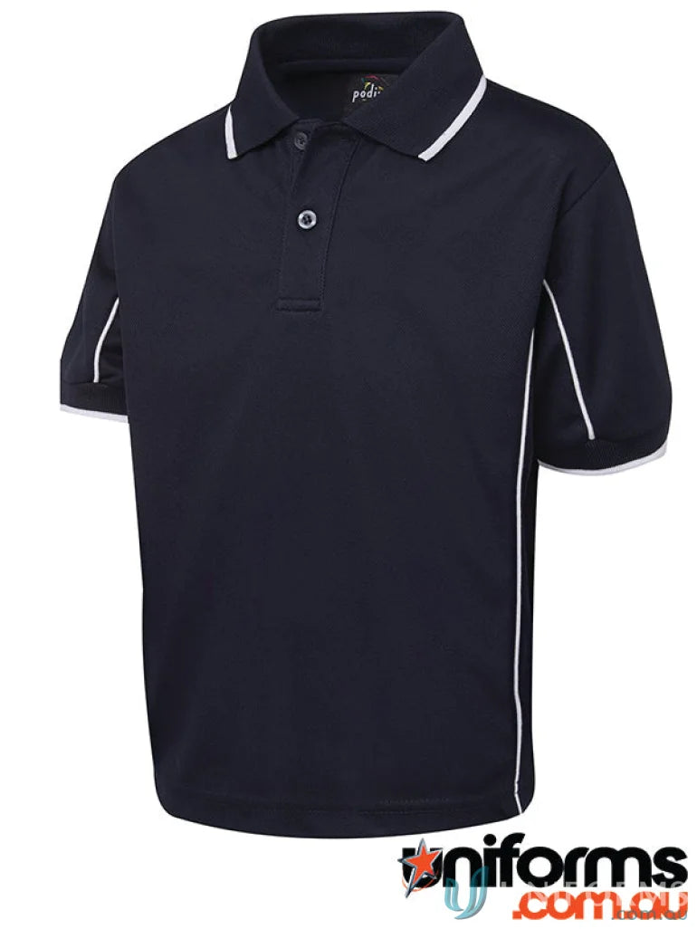 Cute navy kids podium piping polo made with JBs Kids Podium cool fabric