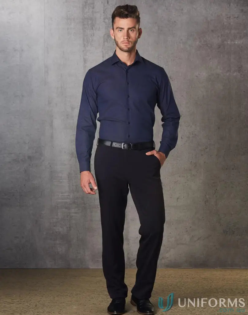 Mens navy blue long-sleeved dress shirt with black trousers featuring flexi waist workwear style