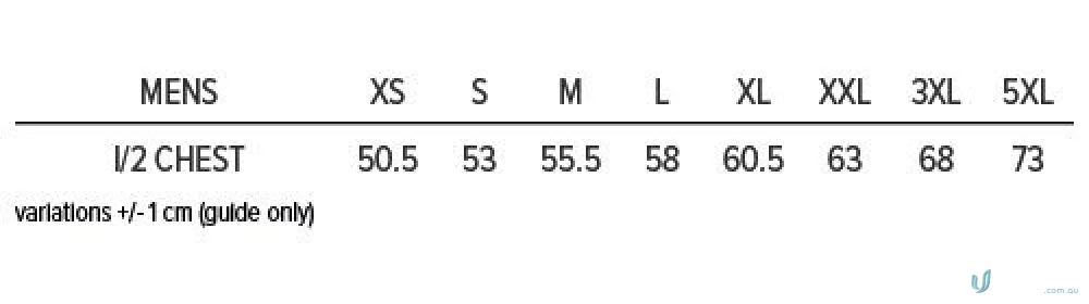 Mens clothing size chart for Premier Polo workwear and uniforms with fabric details
