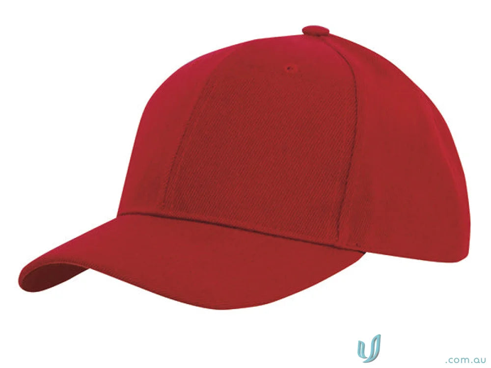 Red baseball cap with curved brim from Premium American Twill College Cap, great for uniforms and workwear FAQs link included