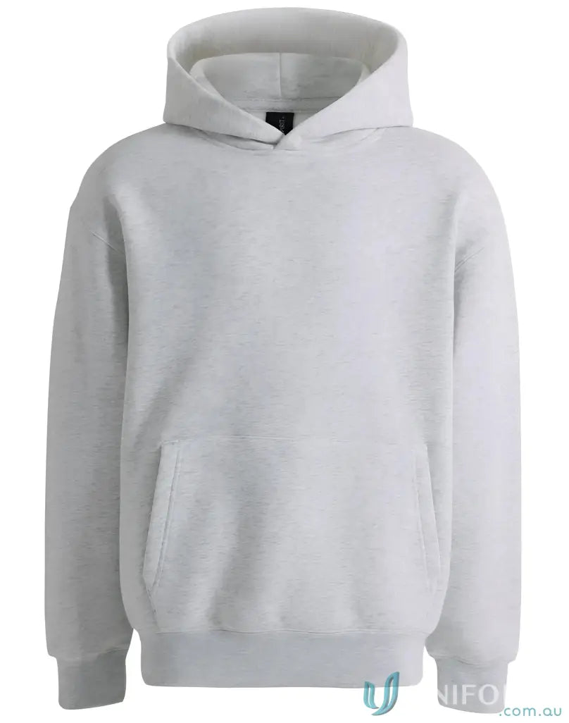 Gray oversized fleece hoodie made from recycled polyester premium fleece and CVC fabric