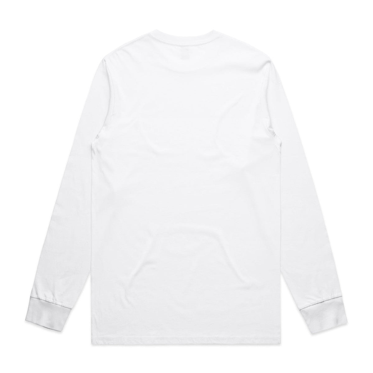 White long-sleeved t-shirt with rolled-up cuffs and a small logo on the back.