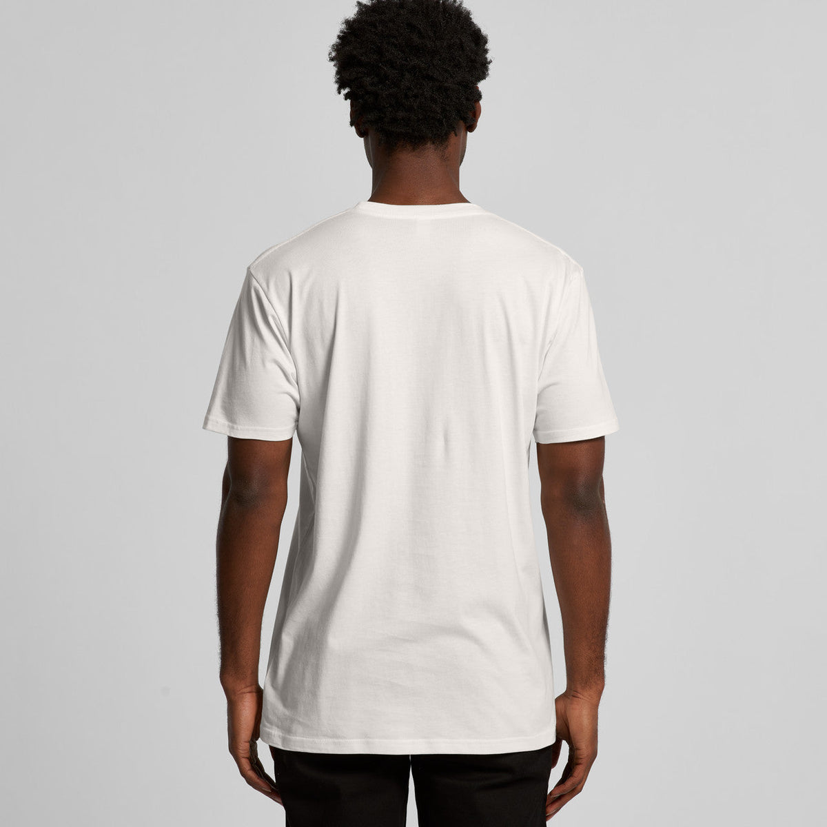 White t-shirt with black text and design on the back.