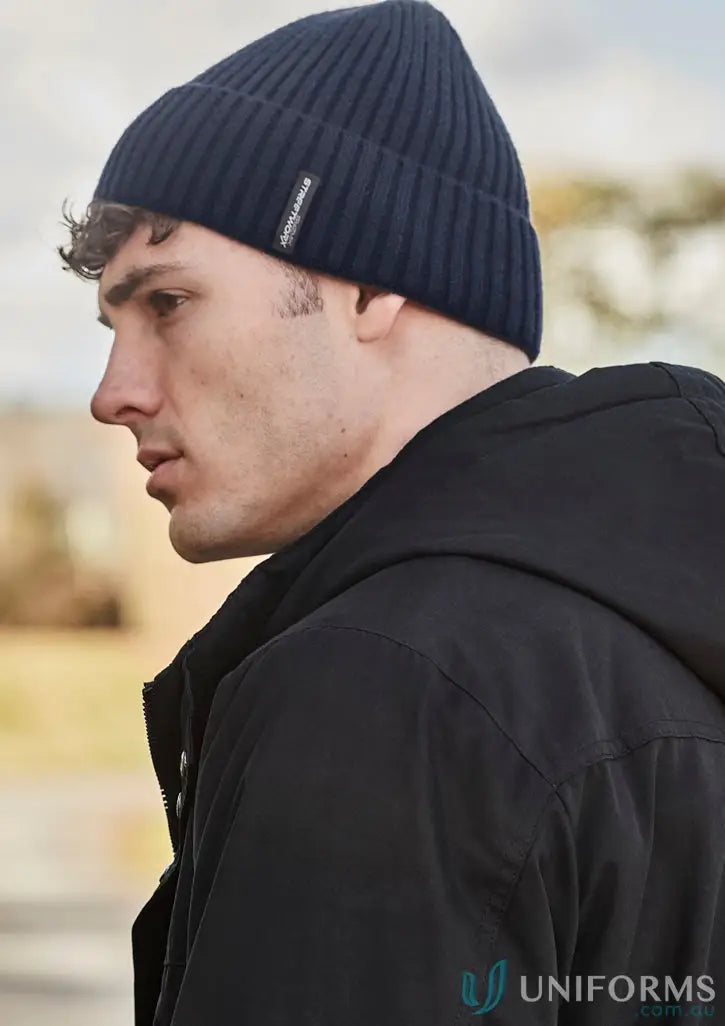 blue streetworx beanie with small tag, perfect to stay warm during temperature drops