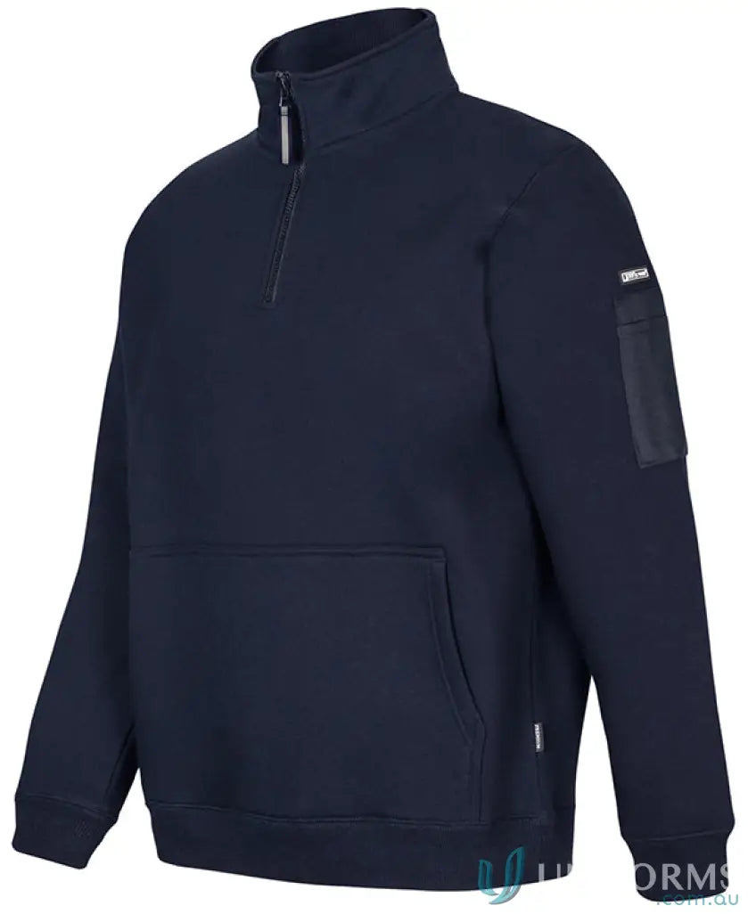Navy blue fleece work hoodie with classic fit fleece and utility pocket on arm