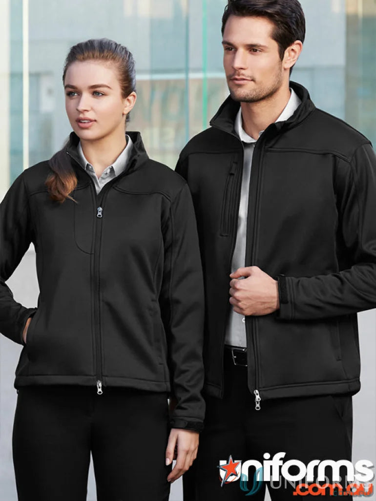 Two women in black RS Centre EMB Ladies SoftShell Jackets, perfect for work uniforms