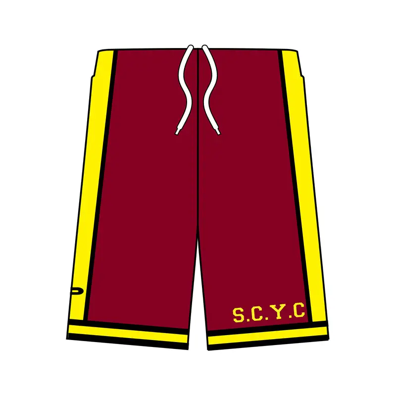 Maroon and yellow athletic shorts.
