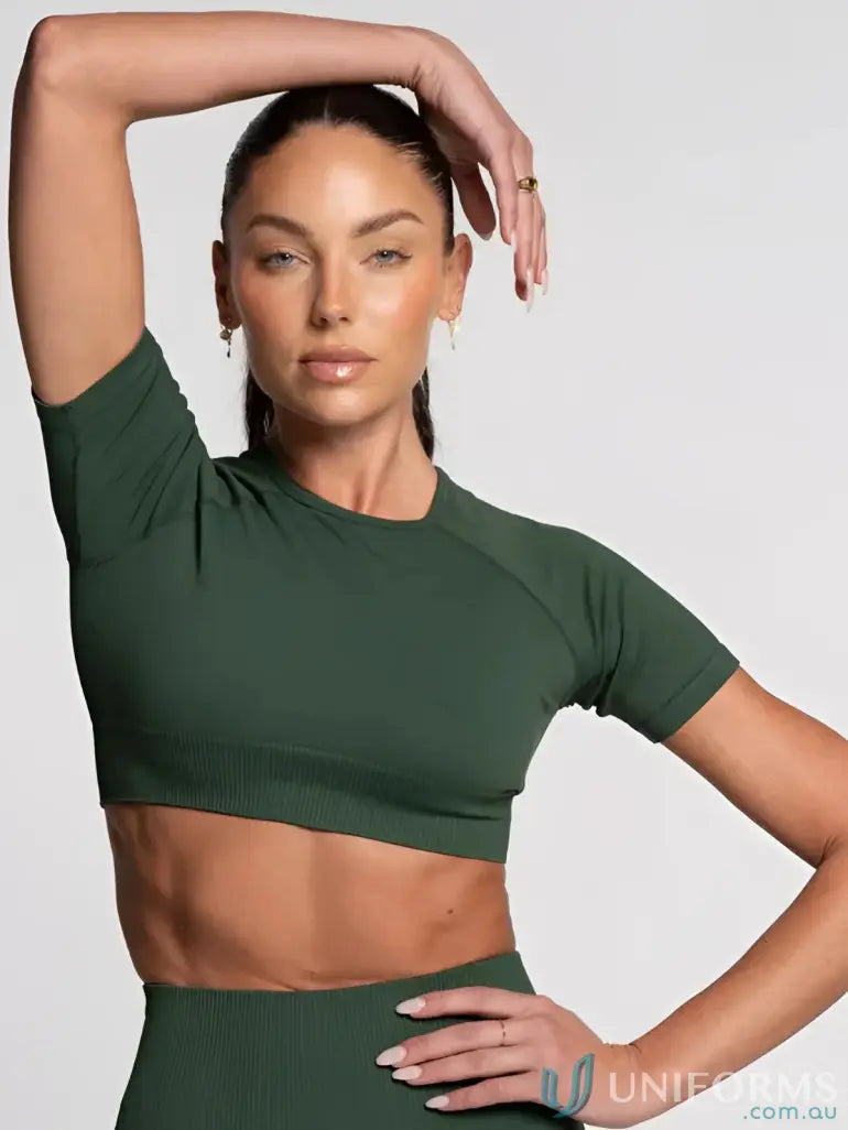Dark green ribbed seamless cropped tee perfect for stylish workwear and casual work uniforms