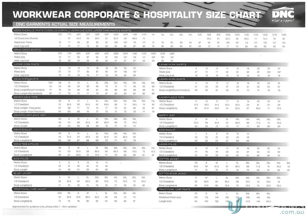 Workwear size chart for SlimFlex Cargo Pants with elastic cuffs for a perfect fit