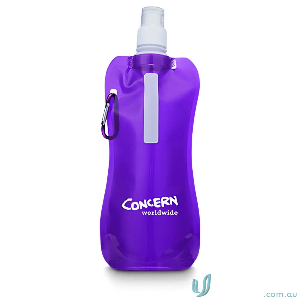Purple 500ml collapsible water pouch with carabiner clip for easy carrying