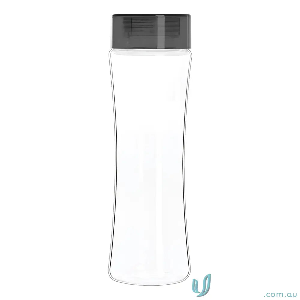 Clear plastic Tritan water bottle with dark gray lid for durable hydration