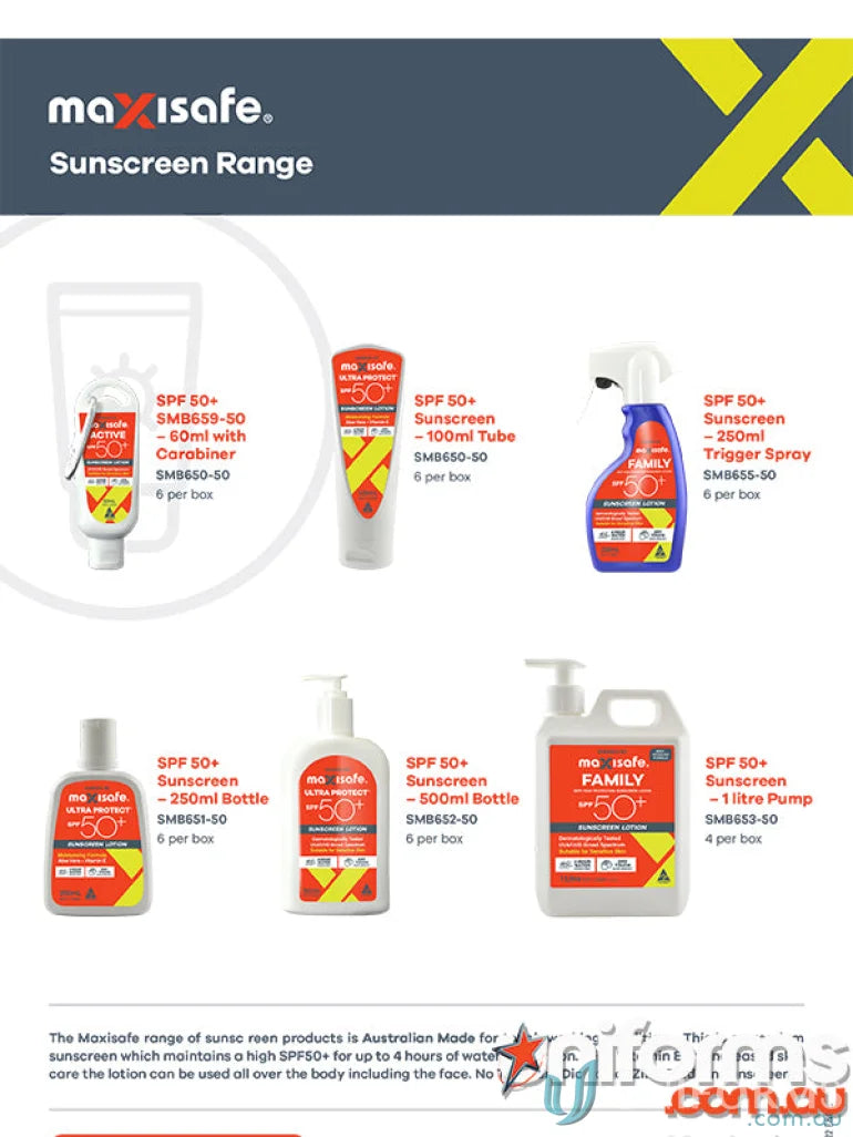 Maxisafe sunscreen product range SPF 50+ Sunscreen Lotion 1ltr pump for high UV protection
