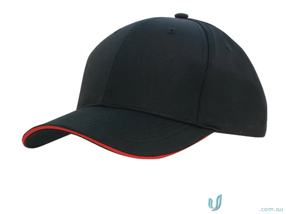 Black baseball cap with red trim from Sports Ripstop Sandwich Cap high stock range