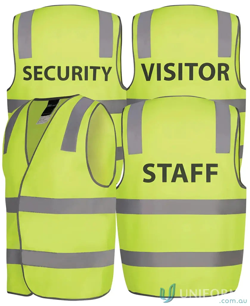 Four fluorescent yellow safety vests with reflective strips, perfect as printed staff vests