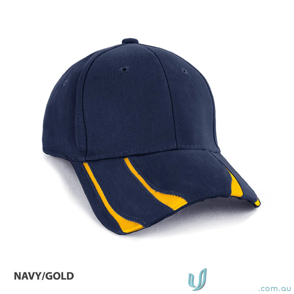 Navy and gold Striker Cap styled with a Black Leather Jacket and Gold Vintage Necklace
